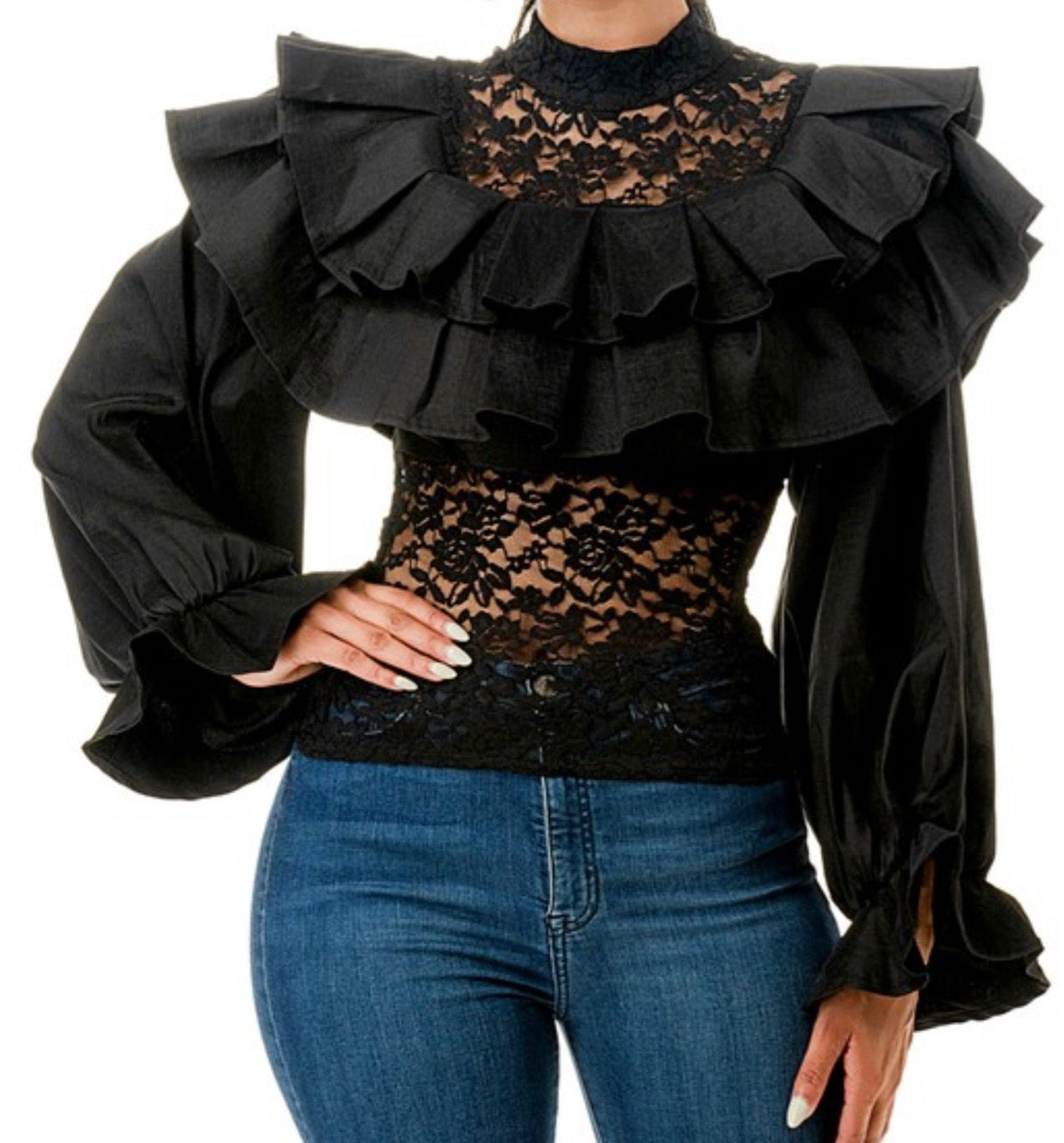 Black Ruffled Shirt with Lace